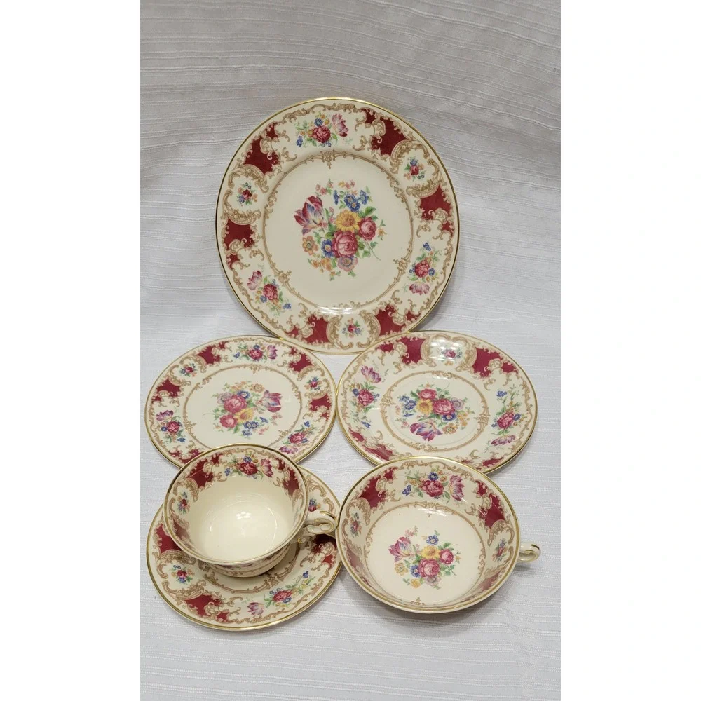 Syracuse China Old Ivory Romance Maroon Floral Dinnerware Set 6pc Gold Rim